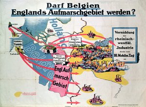 Plakát vyjadřující německé znepokojení nad navrhovanou výstavbou tunelu pod Lamanšským průlivem spojujícím Belgii a Anglii, cca 1914-18