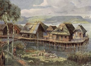 Prehistorická evropská jezerní vesnice (barevná litografie) od German School