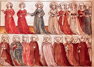 Průvod bohémských žen. Miniatura z „Kroniky kostnického koncilu“ od Ulricha Richentala (1360-1437) 1438 přibližně Praha, národní knihovna od German School