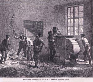 Prusové mlátili kukuřici ve francouzské učebně, Cassells History of the War between France and Germany vydané nakladatelstvím Cassell and Company Limited, kolem roku 1890 (litho) od German School