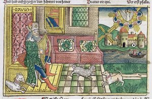 Žalmy: frontispis zobrazující krále Davida hrajícího na lyru, z norimberské bible (Biblia Sacra Germanaica) (barevný dřevoryt) od German School