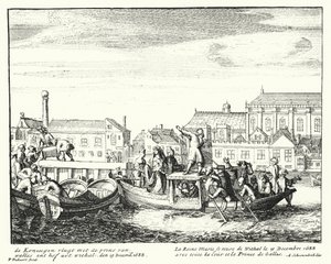 Queen Mary, choť krále Jakuba II., prchající z Anglie s princem z Walesu a celým svým dvorem, prosinec 1688 (rytina) od German School