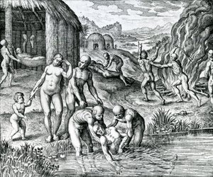 Quibus remediis contra morbos utantur Indiani, ilustrace převzatá z knihy "Pars Decima Americae" vydané Hieronymousem Gallerem. od German School