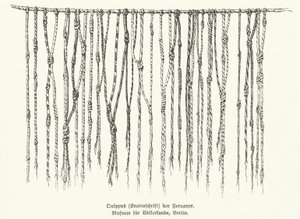 Quipu, prostředek pro záznam informací pomocí zauzlovaných provázků používaný národy And v Jižní Americe (litho) od German School