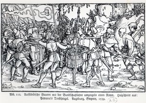 Rebelští rolníci obklopující rytíře, od ilustrace k Trostspiegel od Petrarca, 1539 od German School