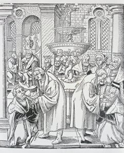 Reformátoři Martin Luther a Jan Hus podávající přijímání (rytina) od German School