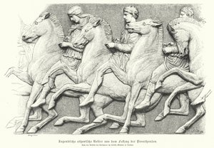 Reliéf z parthenonského vlysu zobrazující athénskou mládež jedoucí na koni (rytina) od German School