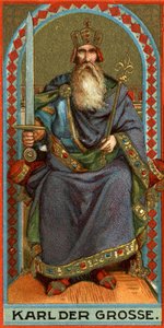 Zastoupení Karla Velikého (742-814), krále Franků, Langobardů a poté císaře. Chromolitografie od German School