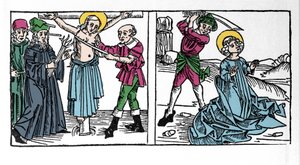 Znázornění mučednické smrti svaté Seraphie (Serapia) (Serafie Sýrie), křesťana 2. století. Rytina z „Leben der Heiligen - sommerteil“ (Kniha světce) od Jacoba (Jakuba) z Voragine (1228-1298). Lubeck 1488. od German School