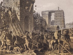 Římští vojáci dobývají pevnost (barevná litografie) od German School
