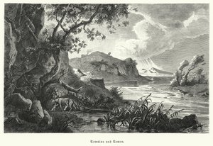 Romulus a Remus, legendární zakladatelé starověkého Říma, kojení vlčicí v divočině (rytina) od German School
