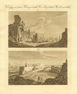Ruiny starého města Sagunto ve Španělsku (barevná rytina) od German School