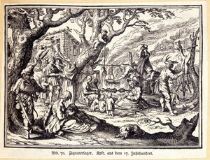 Venkovští lidé ve středověku. Německá rytina 18. století. Anonymní. Bibl. umění Deco Arts. od German School