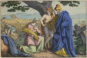 Rút a Boaz, ilustrace ze Starého zákona, vydal Jakob Ferdinand Schreiber, Esslingen (barevná rytina) od German School