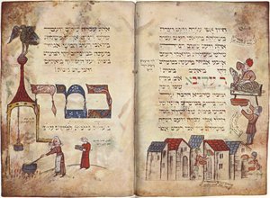 Obětování velikonočního beránka a úryvek z knihy Rabi Akiva, Exodus 12, verš 22, Hagada (pergamen) od German School