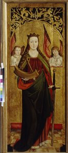 Svatá Kateřina Alexandrijská (asi 290-307) (Svatá Kateřina). Nesoucí kus kola mučení svého mučednictví. Obraz vestfálského mistra (činný v letech 1470–1480), olej na dřevě, cca 1470–1480. německé umění od German School