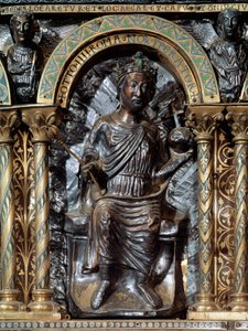 Sarkofág Karla Velikého (742-814). Zastoupení císaře Othona IV Brunšvického (v. 1175-1218). 1165-1215. Německo. Palatinská kaple katedrály v Cáchách. od German School