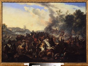 ""bitevní scéna"" Jezdci a koně se hromadili během boje. Anonymní obraz z německé školy. Regionální muzeum umění 17. století, Užhorod, Ukrajina od German School