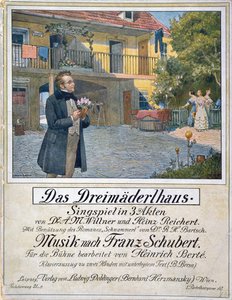 Obálka partitury Das Dreimaederlhaus (Dům tří dívek) zobrazující Schuberta před domem, 1916 od German School