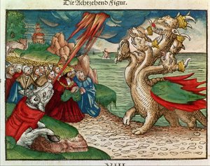 Sedmihlavý had z Knihy Zjevení, z Lutherovy bible, kolem roku 1530 (barevný dřevoryt) od German School