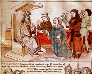 Zikmund I. Lucemburský (1368-1437), císař Svaté říše, přijímá hold podřízených národů. Miniatura z „Kroniky kostnického koncilu“ od Ulricha Richentala (1360-1437) 1438 přibližně Praha, národní knihovna od German School