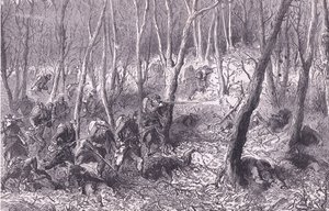Potyčka v lesích u Paříže, Cassells History of the War between France and Germany vydané nakladatelstvím Cassell and Company Limited, kolem roku 1890 (litho) od German School