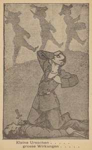 Malé příčiny mají velké účinky. Německá protiválečná ilustrace, vydala WILPF (Mezinárodní ženská liga pro mír a svobodu), konec 20. let 20. století (litografie). od German School
