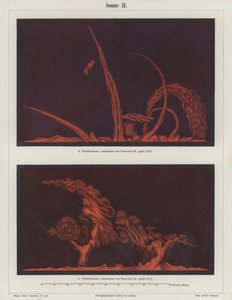 Sluneční protuberance pozorované francouzským umělcem a astronomem Etiennem Leopoldem Trouvelotem 15. a 29. dubna 1872 (barevné lito) od German School