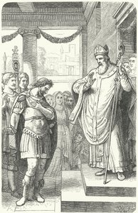 Svatý Ambrož zakázal římskému císaři Theodosiovi I. vstoupit do milánské katedrály jako trest za masakr v Soluni, 390 (rytina) od German School