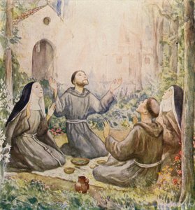 Svatý František a svatá Klára z Assisi při jídle před kostelem Panny Marie Andělské (barevná litografie) od German School