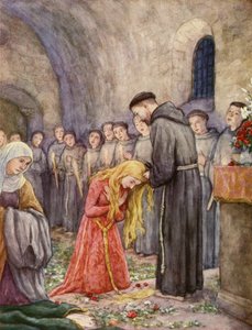Svatý František stříhá vlasy svaté Kláře z Assisi (barevná litografie) od German School