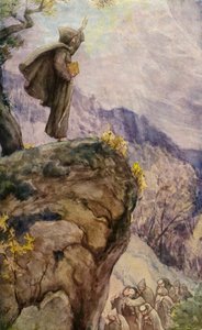 Svatý František při vyhlášení druhé regule františkánského řádu ve Fonte Colombo (barevná litografie) od German School