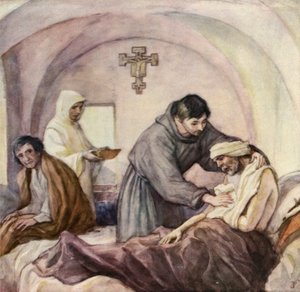 Svatý František při práci v nemocnici pro malomocné v Gubbiu (barevná litografie) od German School