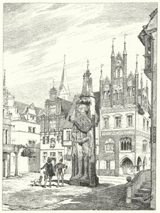 Socha Rolanda postavená v roce 1404 čelem ke katedrále v Brémách, Německo (rytina) od German School