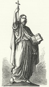 Socha svatého Bonifáce (c675-754), anglosaského misionáře do germánských částí Franské říše, ve Fuldě (rytina) od German School