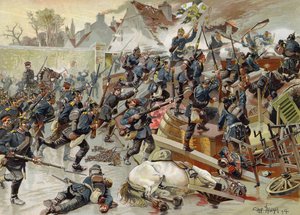 Přepadení velké barikády u vchodu do Le Bourget královnou Alžbětou 3. plukem granátnických gard, francouzsko-pruská válka, 30. října 1870 od German School