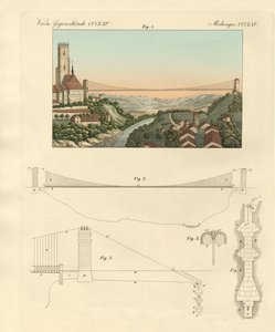 Visutý most Freiburg ve Švýcarsku (barevná rytina) od German School