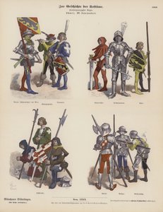 Švýcarské vojenské kostýmy z 15. století (barevná rytina) od German School