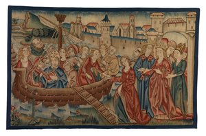 Tapiserie zobrazující Setkání svaté Uršuly a prince Artheria v Mayence, ze Středního Porýní, konec 15. století (vlna a kovová nit) od German School