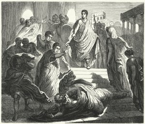 Tarquinius Superbus zavraždil svého tchána Servia Tulluse, aby si nárokoval římský trůn (rytina) od German School
