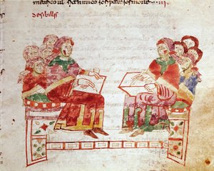 Výuková scéna v Miniaturní škole převzatá ze svazku "de Gymnasium" v "De Universo" (nebo De rerum naturis (De la Nature des Chooses)) (cod. 132) od Rabana Maura Magnentia (nebo Rabana Maura nebo Rabana Maura) ( cca 780-856). 9. století. Archiv od German School