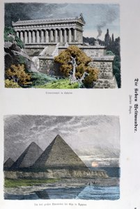 Dianin chrám v Efezu a pyramidy v Gíze, ze série Sedmi divů světa publikované v Munchener Bilderbogen, 1886 (barevná rytina) od German School