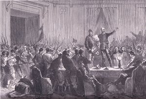 106. prapor národních gard doručující Trochu v Hotel De Ville, Cassells History of the War between France and Germany vydané nakladatelstvím Cassell and Company Limited, kolem roku 1890 (litho) od German School