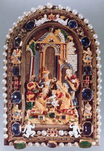 Klanění králů, reliéfní deska orámovaná miniaturními postavami čtyř evangelistů a putti střídající se se safíry, z Mnichova (smalt, zlacení, polodrahokamy, perly) od German School
