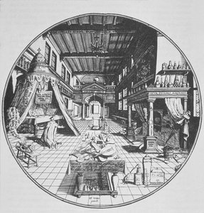 Alchymista ve své laboratoři z Amphitheatrum Aeternae Sapientiae od Heinricha Kunratha (1609) ilustrovaný v historii magie publikované koncem 19. od German School