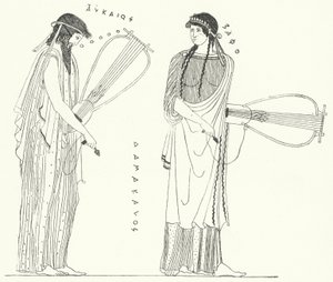 Starověký řecký básník Alcaeus a jeho milenka Sapfó (rytina) od German School