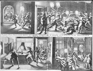 Zavraždění Albrechta z Valdštejna (1583-1634) v Egeru irskými a skotskými důstojníky pod velením generála Butlera, 25. února 1634 (rytina) od German School
