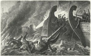 Byzantinci používající řeckou palbu proti útočící arabské flotile (rytina) od German School