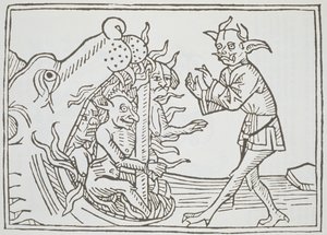 Ďábel Belial před branami pekla, z Das Buch Belial, vydané v Augsburgu, 1473 od German School