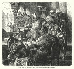 Císař Karel Veliký obklopený učenci a členy kléru (rytina) od German School